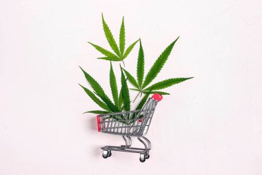 Beyaz arka planda alışveriş arabası ve marihuana yaprakları. Yasal esrar kavramı.