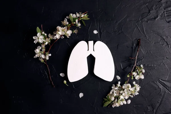 Symbol Płuc Gałęziami Kwiatu Jabłoni Czarnym Tle Opieka Zdrowotna Medycyna — Zdjęcie stockowe