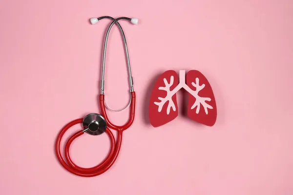 Prevenzione Delle Malattie Polmonari Simbolo Polmonare Stetoscopio Rosso Sfondo Rosa — Foto Stock