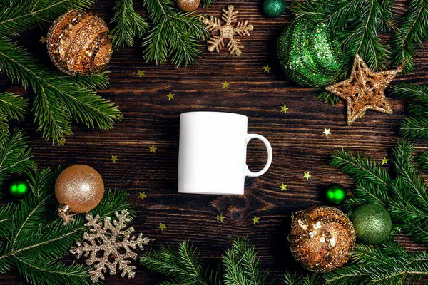 White Coffee Mug Christmas Decorations Fir Branches Wooden Background Space — Stock Photo, Image