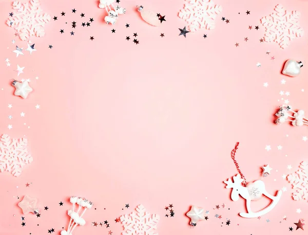 Festive Frame White Decorations Pink Background Christmas New Year Winter — Stock Photo, Image