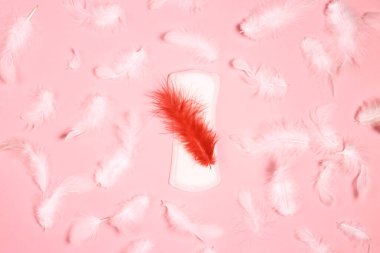 Sanitary napkin with red and white feathers on pink background. Menstruation cycle period, woman hygiene.