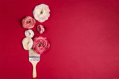 Fotokopi alanı olan kırmızı arkaplanda çiçekli fırça çizimi. Boya yerine şakayık çiçekleri. Düz yatış, üst görünüm.