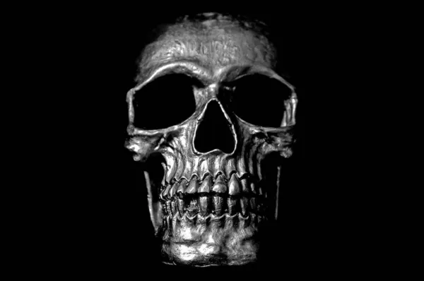 人类的骷髅黑白照片 人类的骷髅在黑色背景上被隔离 人体颅骨解剖 — 图库照片