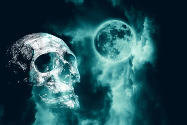 Schedel Maan Menselijke Schedel Maan Aan Nachtelijke Hemel Horror Halloween — Stockfoto