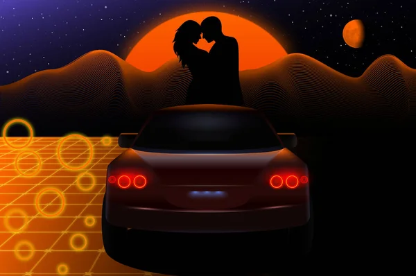 Moda sentetik dalgası, buhar dalgası, günbatımı arka planında 80 'lerin süper arabasının geçmişe dönük yan görüntüsü. 80 'lerin kalp şeklinde günbatımı kavramı. Neon soyut uzayda ilerleyen fütüristik araba tasviri. Neon ışıkları ve düşük poli ızgarası.