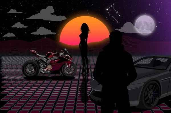 80 'lerin süper arabası ve motorsikletinin modaya uygun sentetik dalga, buhar dalgası, günbatımı arka planı. 80 'lerin konsepti neon lazer ızgarası ve günbatımı. Fütüristik araba ve bisikletin neon ışıkları ve düşük polyester ızgaralar arasında çizimi.