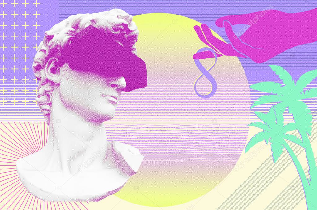 Retro futuristic style 3D illustration vaporwave computer art aesthetics. Vaporwave computer art aesthetics. Linear vaporwave retro, trendy, nostalgic, colorful style 80s, 90s.