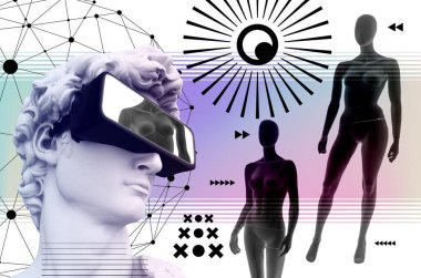 Retro fütüristik stil 3 boyutlu resim buharı bilgisayar sanat estetiği. Buhar dalgası bilgisayar sanat estetiği. Lineer buhar dalgası geçmişe dönük, modaya uygun, nostaljik, renkli stil 80 'ler, 90' lar.