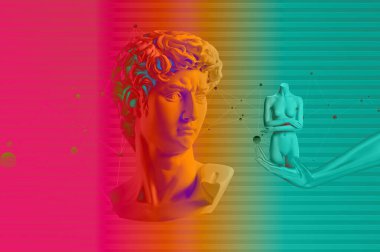 Michelangelo 'nun David büstü. Estetik çağdaş sanat kolajı. David ve mankenler ile yapılan geriye dönük 3D tasvirler. Buhar dalgası bilgisayar sanat estetiği. Bilimkurgu retro estetiği.