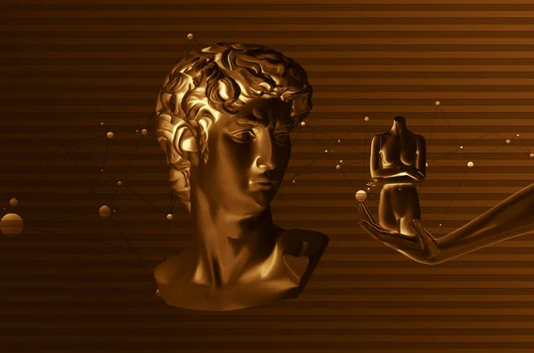 미켈란젤로의 데이비드 현대적 콜라주 Retrofuturistic 렌더링된 삽화와 David Mannequins Vaporwave — 스톡 사진