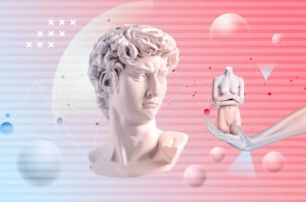 Michelangelo 'nun David büstü. Estetik çağdaş sanat kolajı. David ve mankenler ile yapılan geriye dönük 3D tasvirler. Buhar dalgası bilgisayar sanat estetiği. Bilimkurgu retro estetiği.