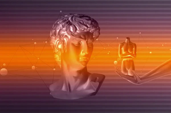 Michelangelo\'s David bust. Aesthetic contemporary art collage. Retrofuturistic style 3D rendered illustration with David and mannequins. Vaporwave computer art aesthetics. Sci-fi retro aesthetics.