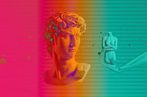 미켈란젤로의 데이비드 현대적 콜라주 Retrofuturistic 렌더링된 삽화와 David Mannequins Vaporwave — 스톡 사진