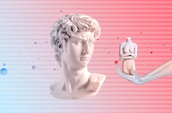 Michelangelo 'nun David büstü. Estetik çağdaş sanat kolajı. David ve mankenler ile yapılan geriye dönük 3D tasvirler. Buhar dalgası bilgisayar sanat estetiği. Bilimkurgu retro estetiği.