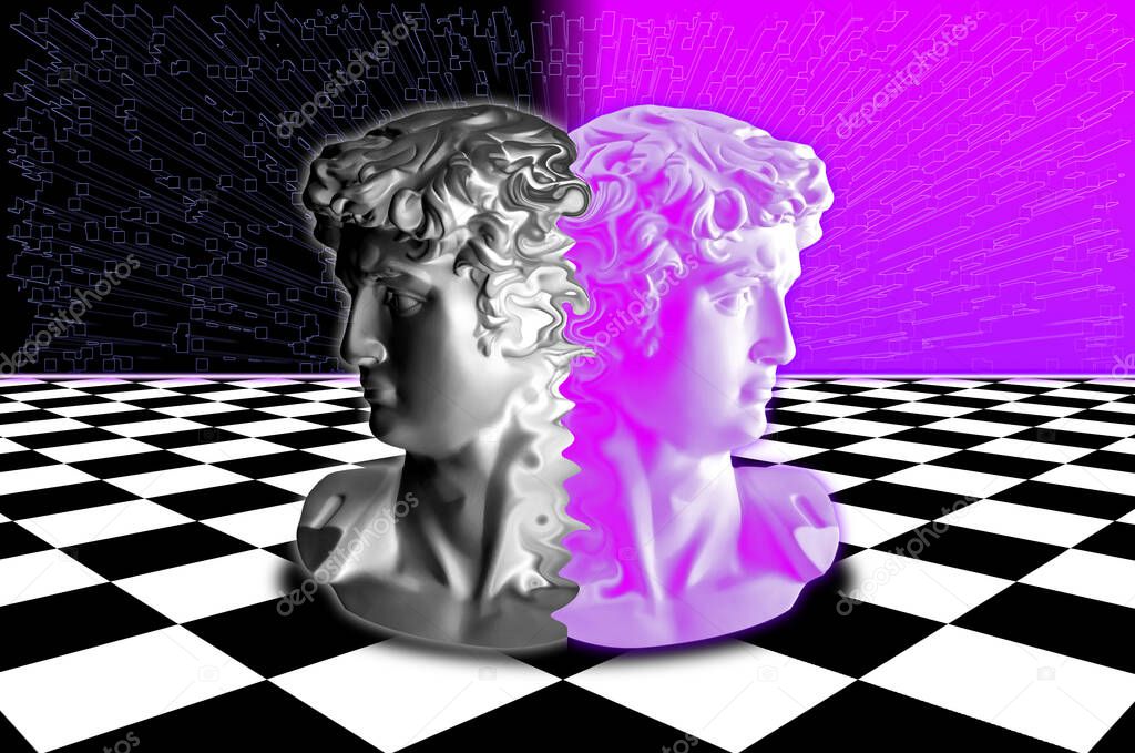 Michelangelo's David bust. Aesthetic contemporary art collage. Chess board style 3D rendered illustration with David. Good and evil art aesthetics. Abstract background with checkered board.