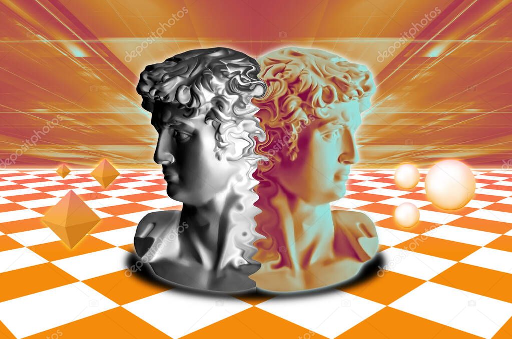 Michelangelo's David bust. Aesthetic contemporary art collage. Chess board style 3D rendered illustration with David. Good and evil art aesthetics. Abstract background with checkered board.