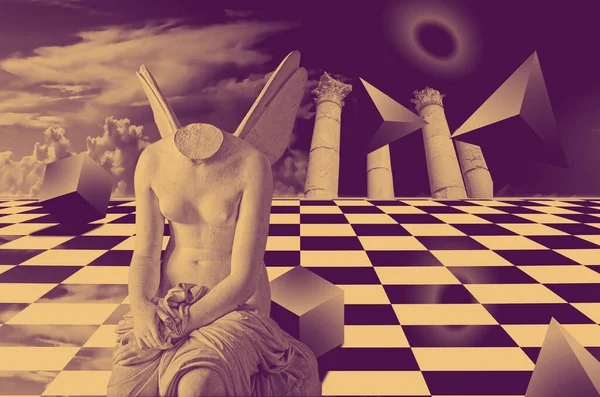 Arkaplandaki meleğin 3 boyutlu modeli. Buhar dalgası estetiği ve sanat tarzı. Dama tabanı, sütunları ve geometrik şekilleri olan sürreal bir buhar dalgası. Popüler pop sanatı psikedelik tarzı çizimler. 3B Görüntü.