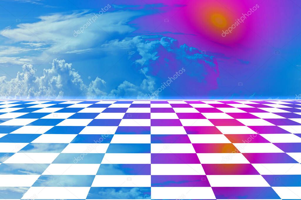 Chess board style 3D rendered illustration. Abstract background with checkered board. Vaporwave aesthetics and art style. Surreal vaporwave with a checkerboard floor and geometric shapes.