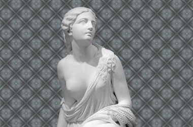 Antik beyaz mermer heykel, genç bir kadına ait kafa ve vücut. Geometrik arka planda çıplak kadın şehvetli rönesans heykeli. 3 boyutlu kadın heykeli.