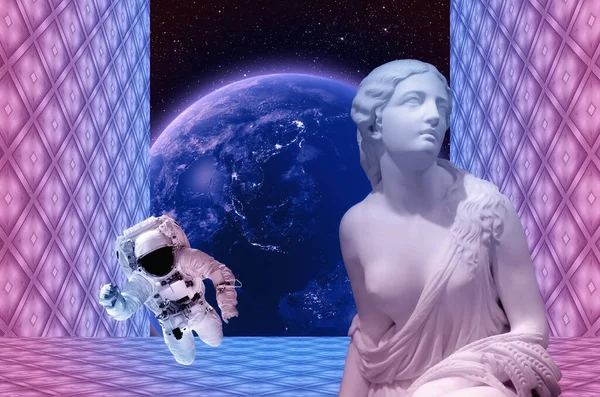 Surreal Composition Angel Sitting Temple Planet Earth Astronaut Woman Statue — 스톡 사진