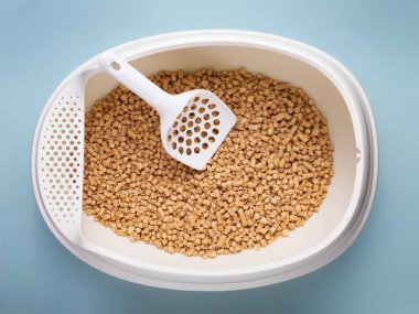 Mavi Arkaplanda kepçe ile Kedi Kumu Kutusu