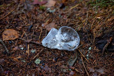 Bahar ormanında plastik bardak. Doğadaki plastik çöpler. Çöplerle dolu bahar ormanı. Ekolojik bir felaket. Çevrenin çöplerle kirlenmesi.
