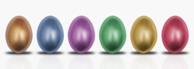 Different colored eggs on isolated white background.
