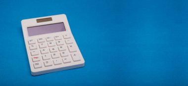 White calculator with blue banner template.
