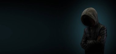 Hacker in dark mode with hood cover banner template.