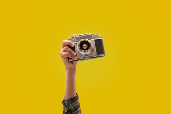 Photographer Holding Vintage Camera Closeup View Hand — Foto Stock