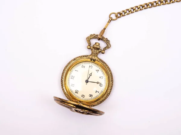 Ancienne Montre Poche Isolée Sur Blanc Avec Chaîne Dorée — Photo