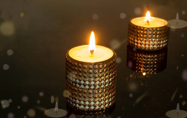 Two Romantic Candles Isolated Blurred Lights Dark Background — Stock Photo, Image