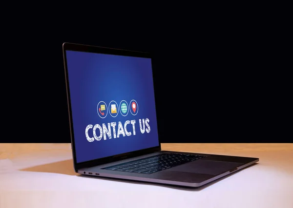 Contact Us Banner on laptop screen with blue background.