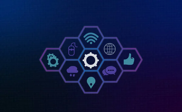 Digital Blue Background Lines Business Icons Hexagon Shape — ストック写真