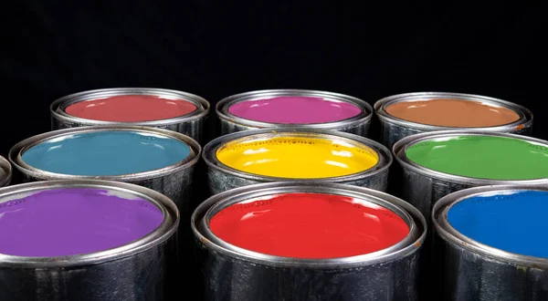 Multiple Colours Emulsion Paint Buckets Isolated Black Background — Stok fotoğraf