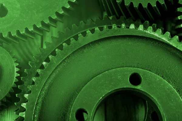 Industrial Gears Closeup View Green Light Concept — ストック写真
