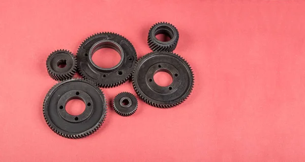 Multiple Gears Joined Together Isolated Red Banner — Stockfoto