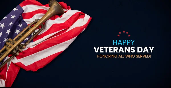 Happy Veterans Day Banner Trumpet United States Flag — Stock fotografie