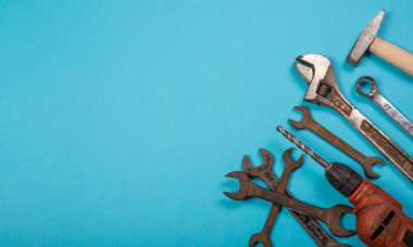 Hardware tools with drill machine on blue banner template for labor day.