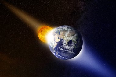 Uzaktan güneşin etrafında dönen Dünya, derin uzay konsepti duvar kağıdı.