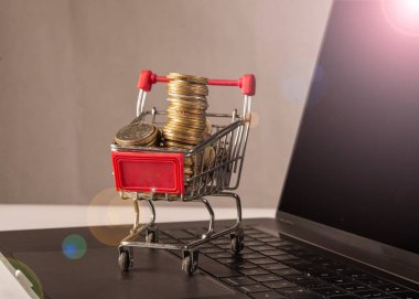 İnternetten para kazan - Altın paralarla dolu alışveriş arabası.