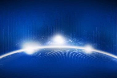 Dünya haritası ve fiber optiği olan sanal dünya dijital arkaplan kavramı.