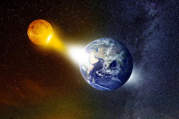 Deep space wallpaper with earth circling the sun in distance.