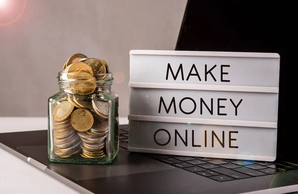 Making Money Online Banner Gold Coins Filled Jar Laptop — Stock Photo, Image