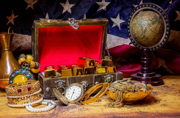 Old Treasure hunting theme with gold bars and United States flag in the background.