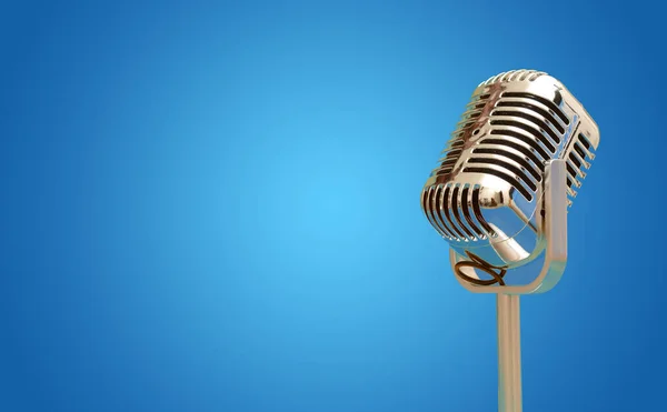 Microfone Vintage Isolado Banner Azul Com Espaço Cópia — Fotografia de Stock