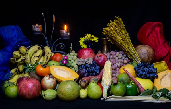 Assortimento Frutti Sani Striscione Scuro Alimentazione Sana Biologica — Foto Stock