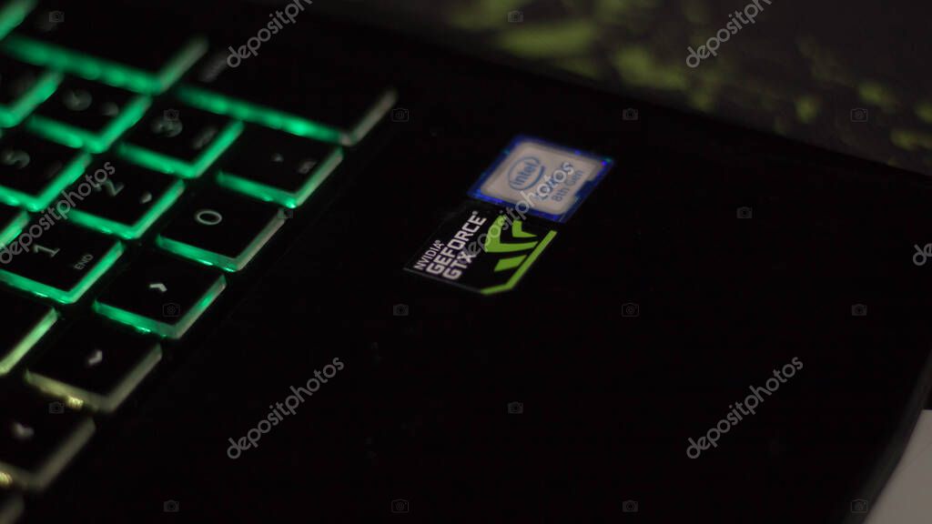 Etimesgut, Ankara / Turkey - 9.11.2020: NVIDIA GEFORCE RTX and Intel Core i5 8th Gen logo on a laptop surface