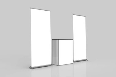 Beyaz Pullup Afiş Sergisi Sergisi ve Satış Masasının Ortasında Gri bir arkaplan, Sol Açı Görünümü, modelleme ve illüstrasyon amaçları için izole edilmiştir. 3 Boyutlu Resim Çizimi